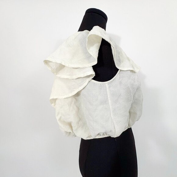 KIMCHI BLUE RUFFLE WHITE OFF THE SHOULDER SHIRT SIZE SMALL - Picture 9 of 11